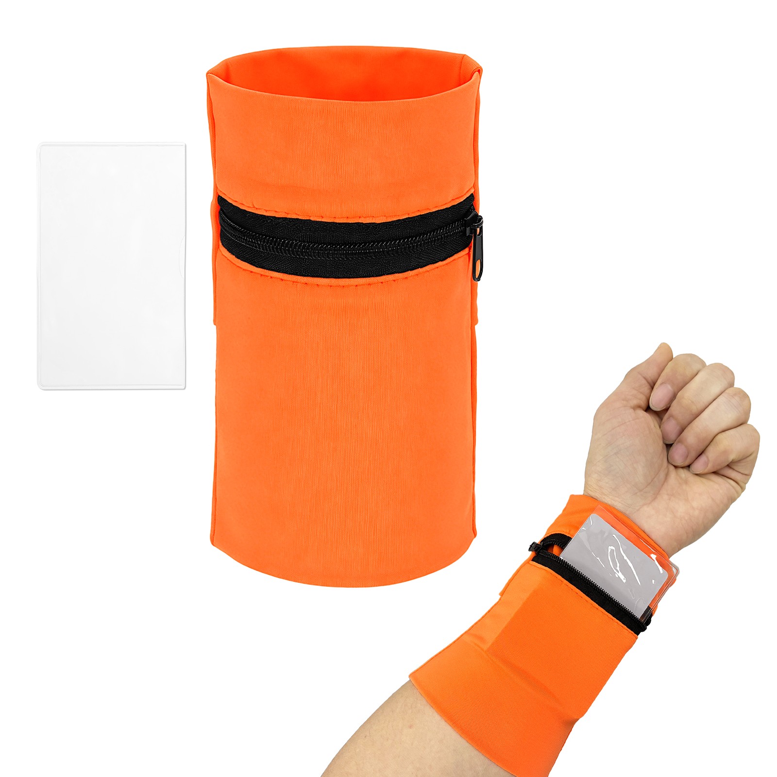 Wrist Pouch, Wrist Wallet Wristband with PVC Card Pouch Zipper &Orange