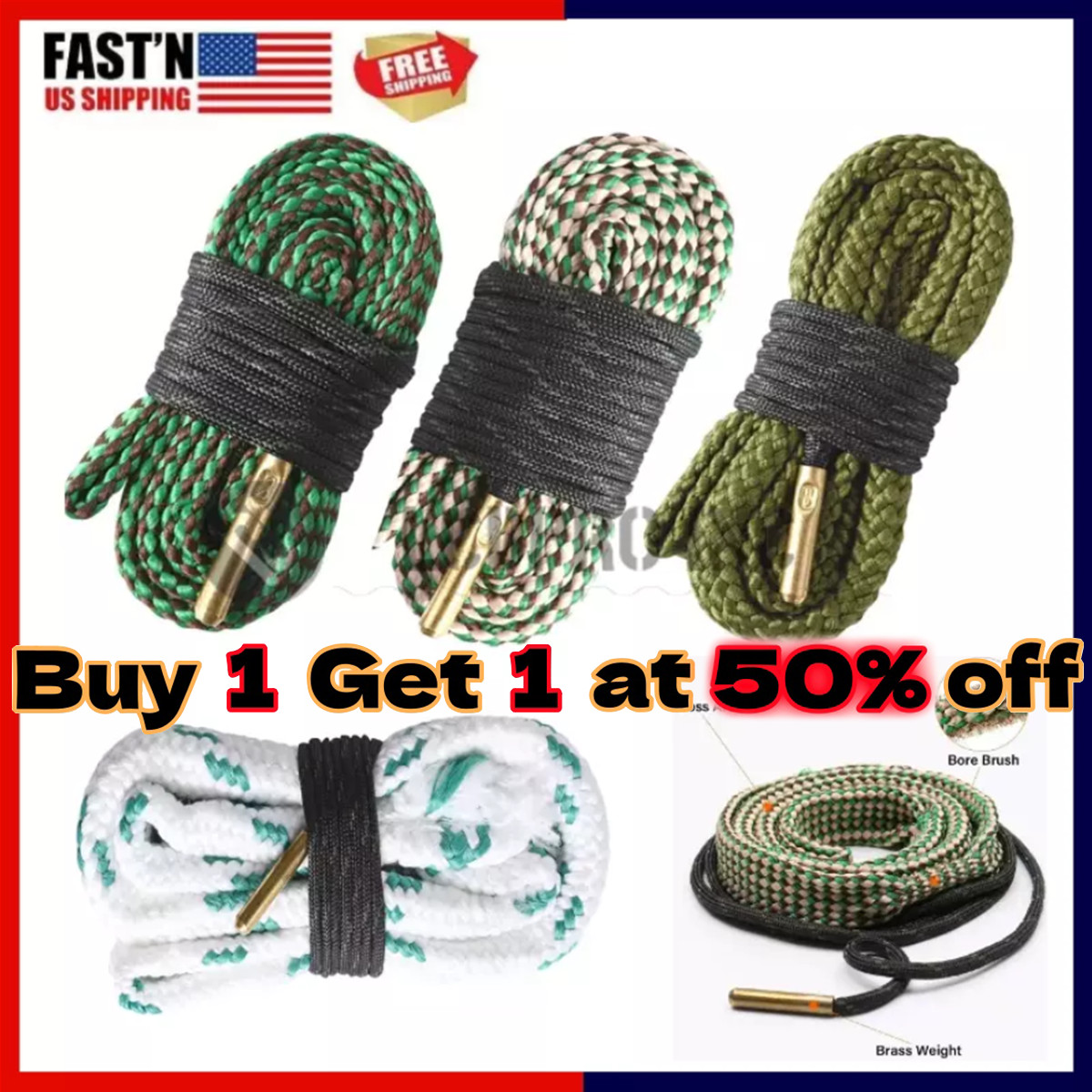 2Pcs Bore Rope Gun Snake Barrel Cleaners .22 thru .45 12 20 Rifle Shotgun Pistol