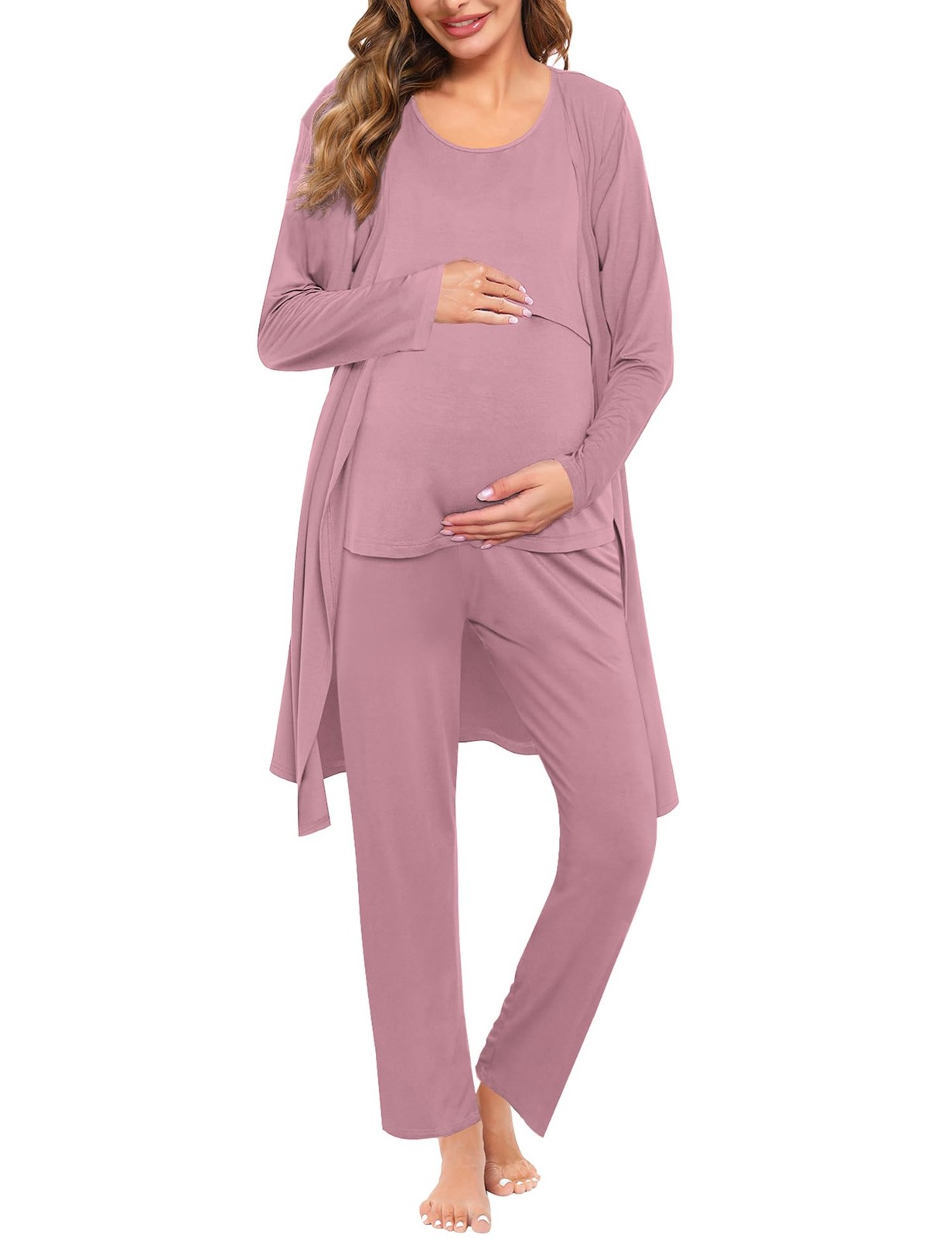 Maternity Nursing Robe Set 3 PCS Women Postpartum Pajamas Breastfeeding Labor...