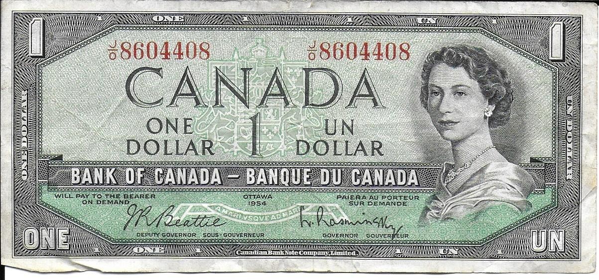 Canada One Dollar Bill 1954 Beattie-Rasminsky