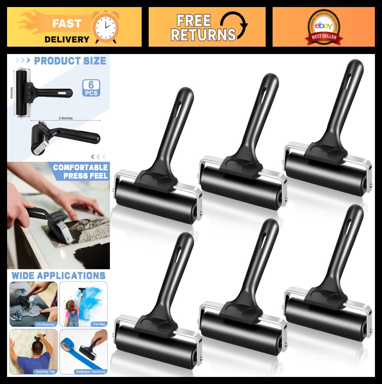 6 Pack 4" Rubber Brayer Rollers for Crafting, Printing, Inking, Stamping, Wallpa