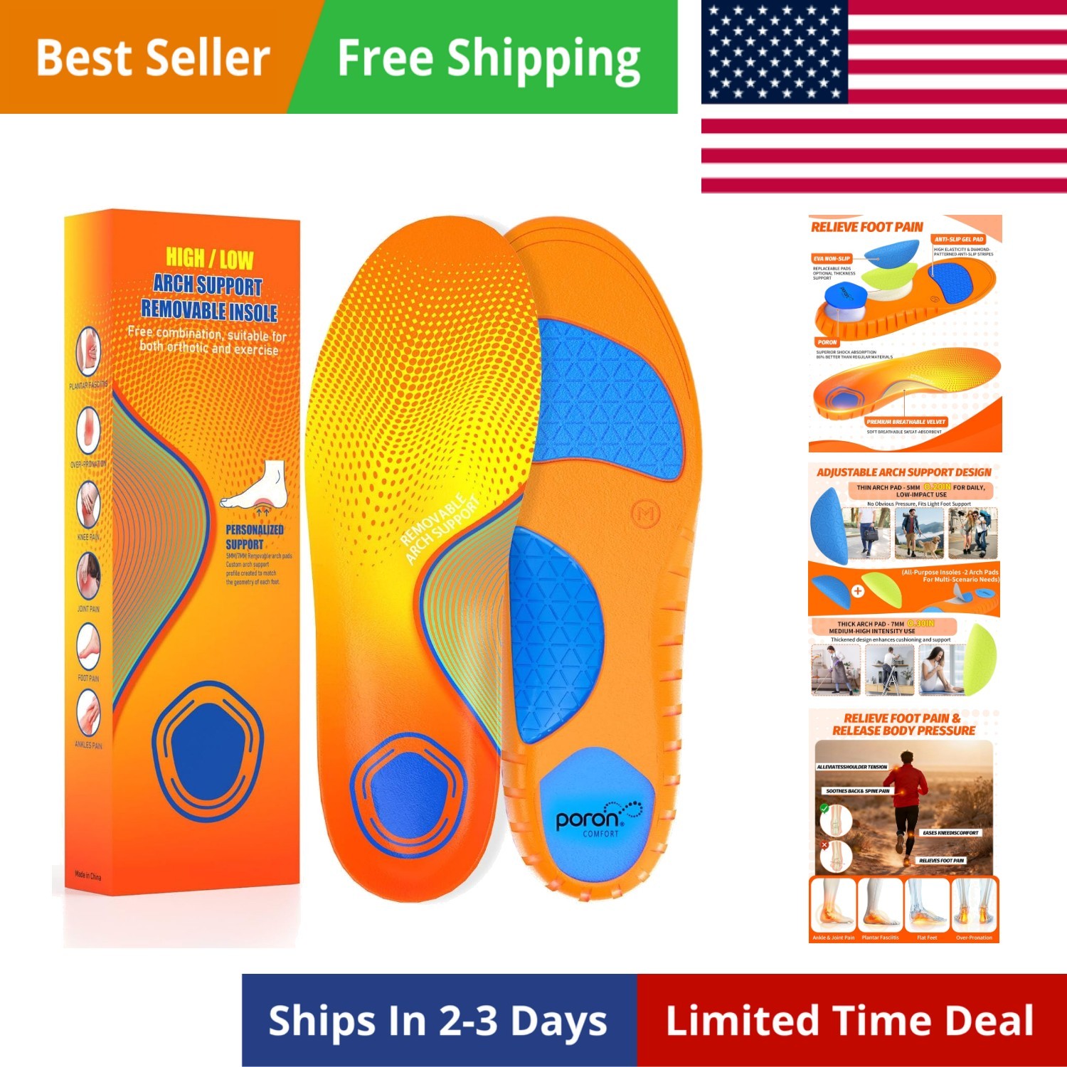 Plantar Fasciitis Insoles for Men & Women,High Arch Support Insoles for Pain ...