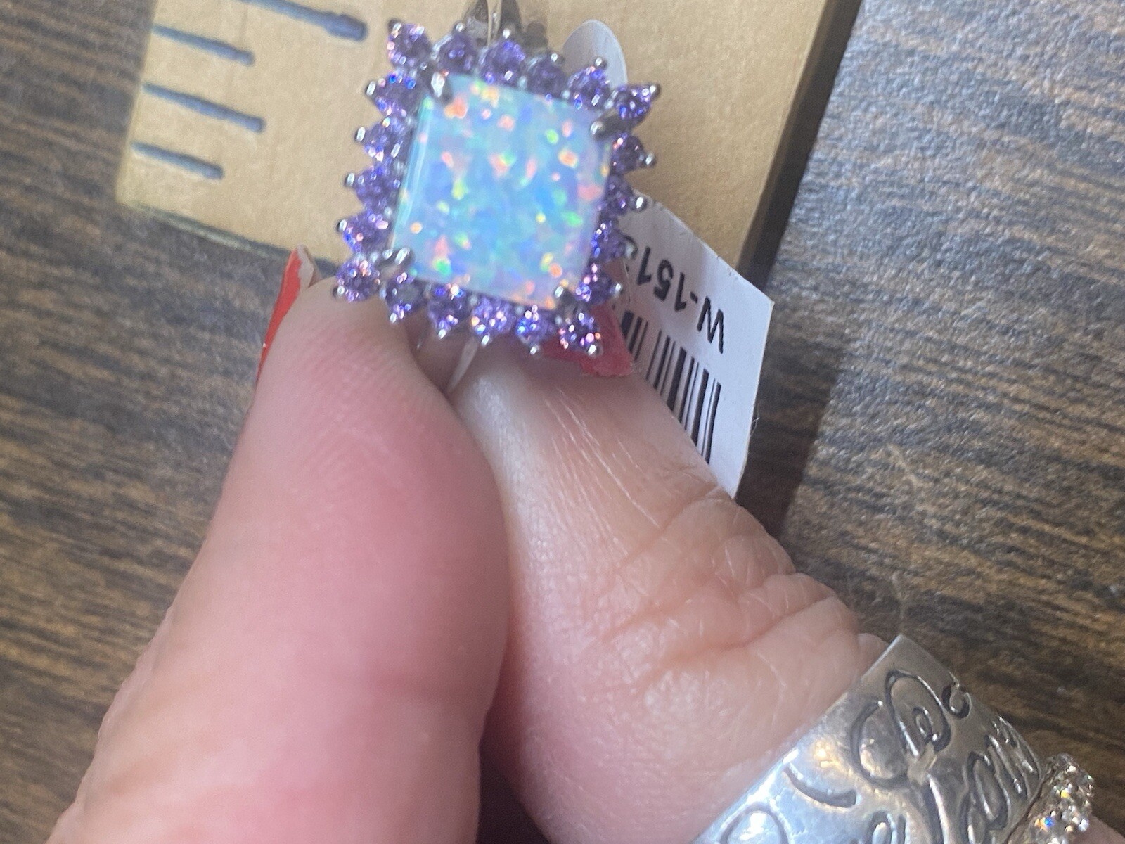 Sterling Silver Created Opal And Amethyst CZ Ring Rhodium Plated