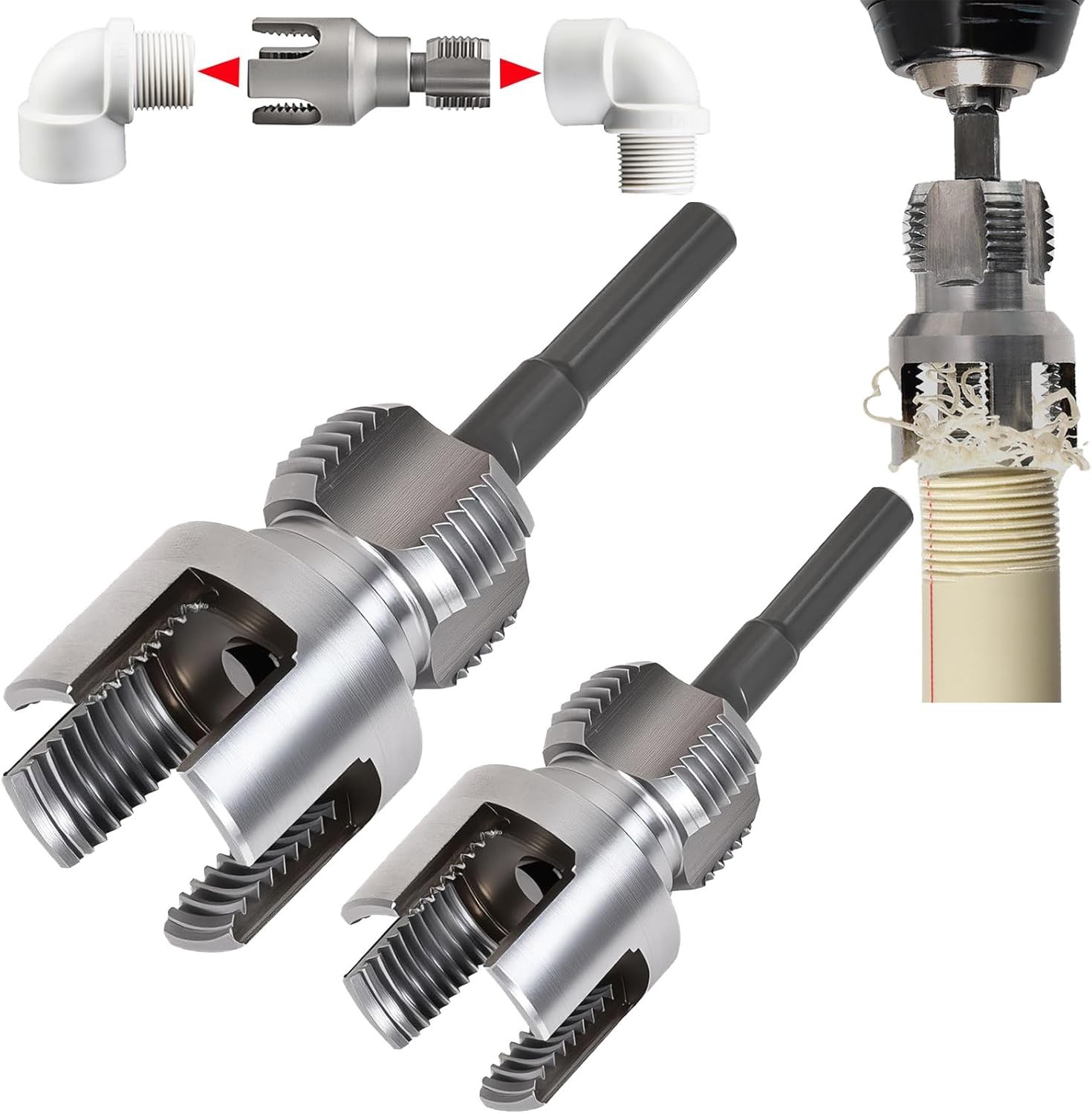 PVC Pipe Threader Kit, 2 Piece Set, 1/2" 3/4"  NPT Sizes, Dual-Function Intern