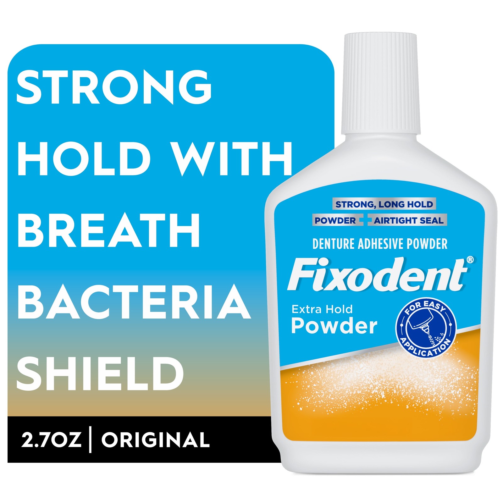 Extra Strong Denture Adhesive Powder, Secure All-Day Hold, 2.7 Ounce Bottle