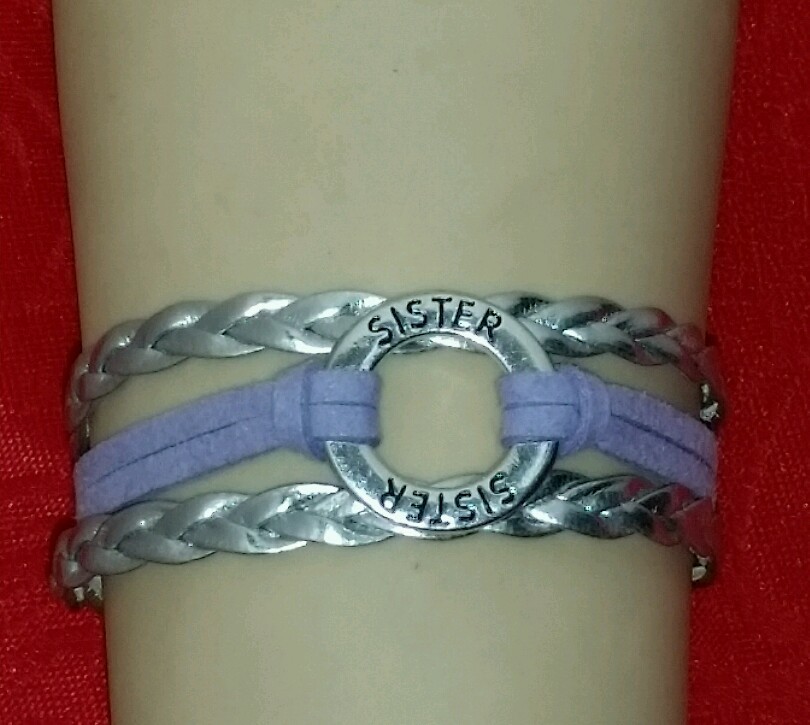 SISTER ADJUSTABLE LEATHER BRACELET -SILVER & PURPLE  HANDMADE -6"-8"- #297