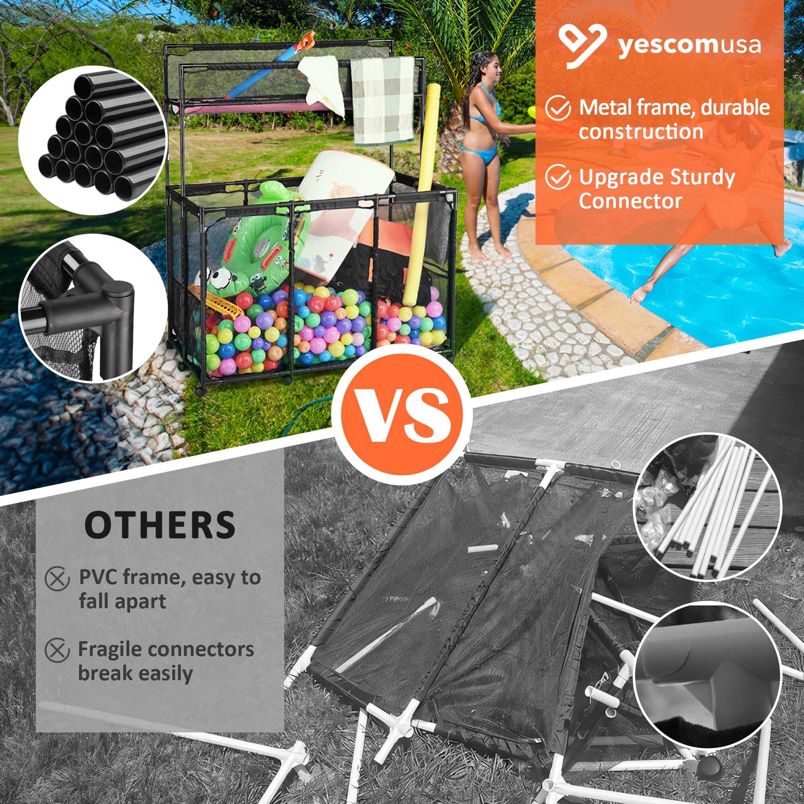 Yescom Rolling Mesh Pool Storage Bin Two Tier with Blue Replacement Net Combo