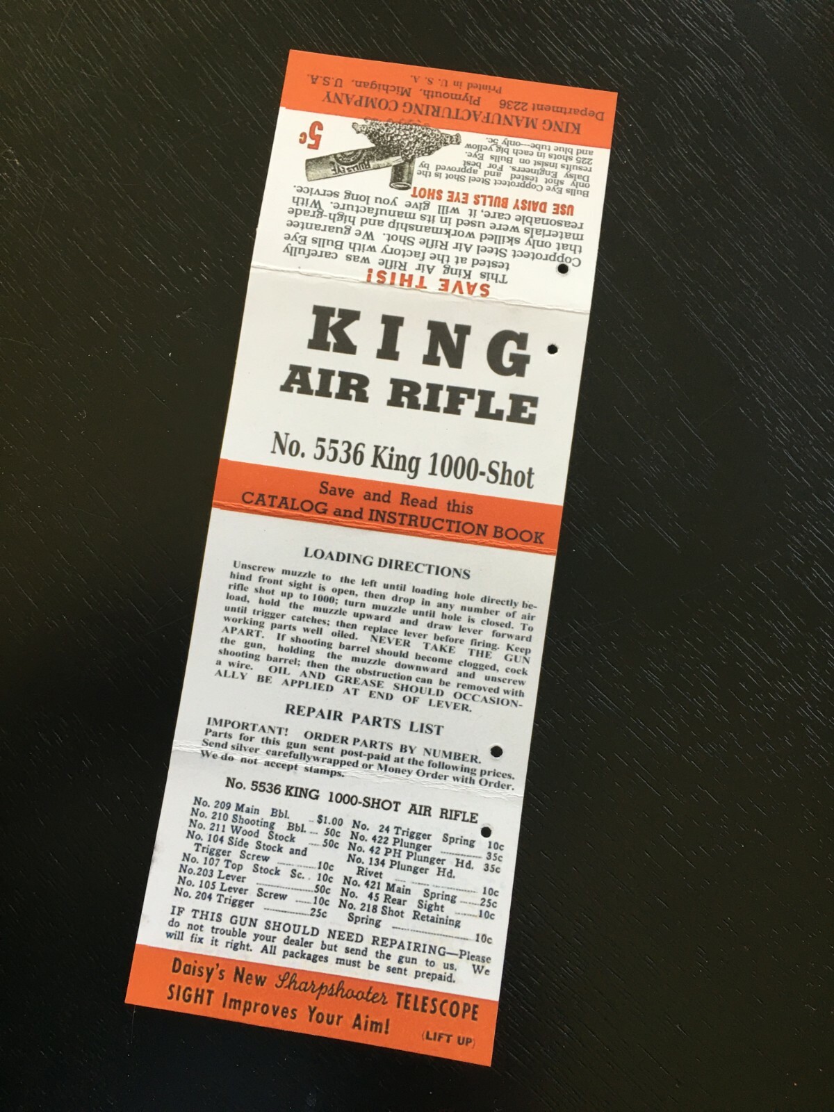 Hang Tag Repro for KING 5536 1000 SHOT Air Rifle DAISY KING PLYMOUTH, MI