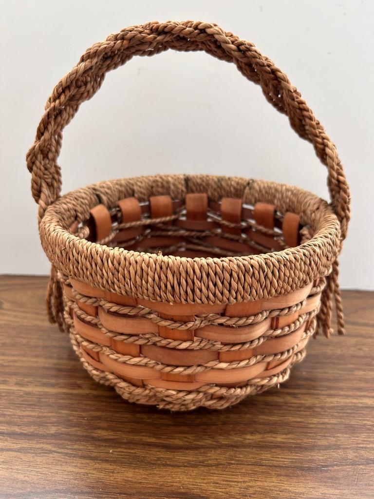 Handmade basket wood raffia rustic farmhouse with handle