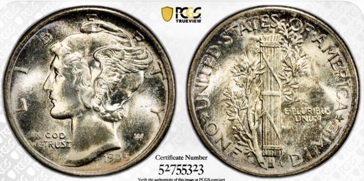 1945 S MERCURY DIME MIRCO S PCGS MS67