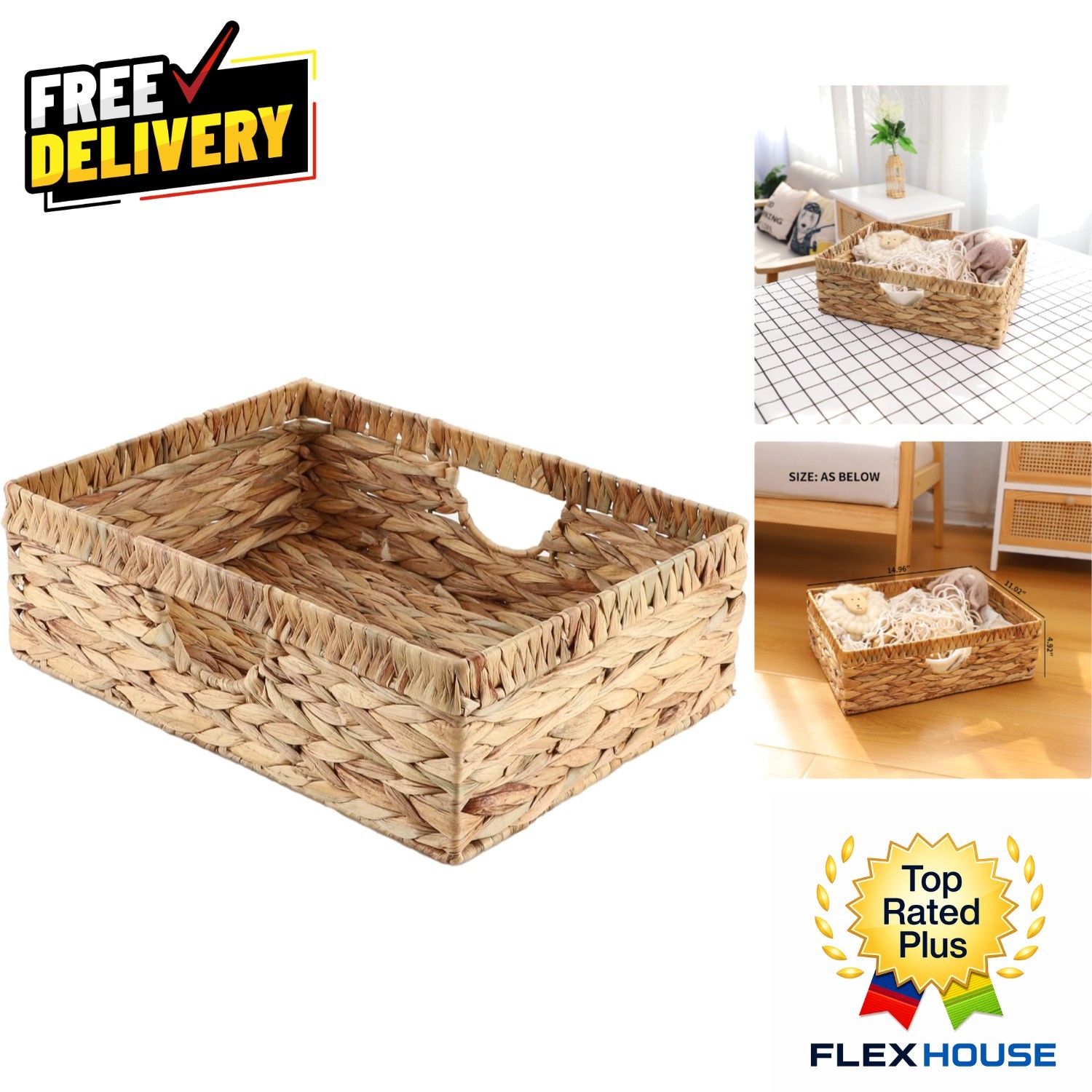 Elegant Hand-Woven Water Hyacinth Storage Basket with Metal Handles - 15" x 11"