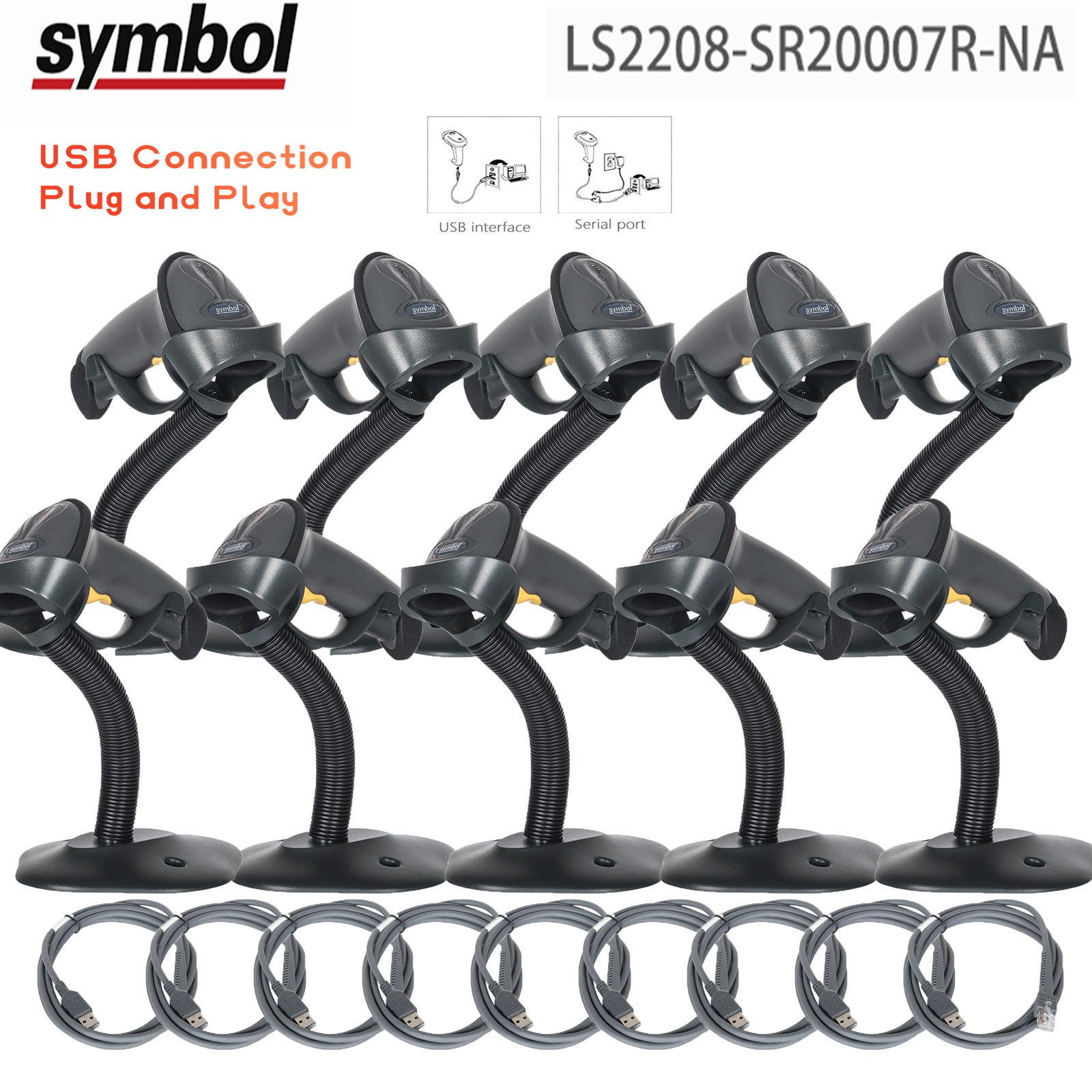 Zebra Barcode Scanner Symbol LS2208-SR Handheld 1D Reader Kit +USB Cable &Stand