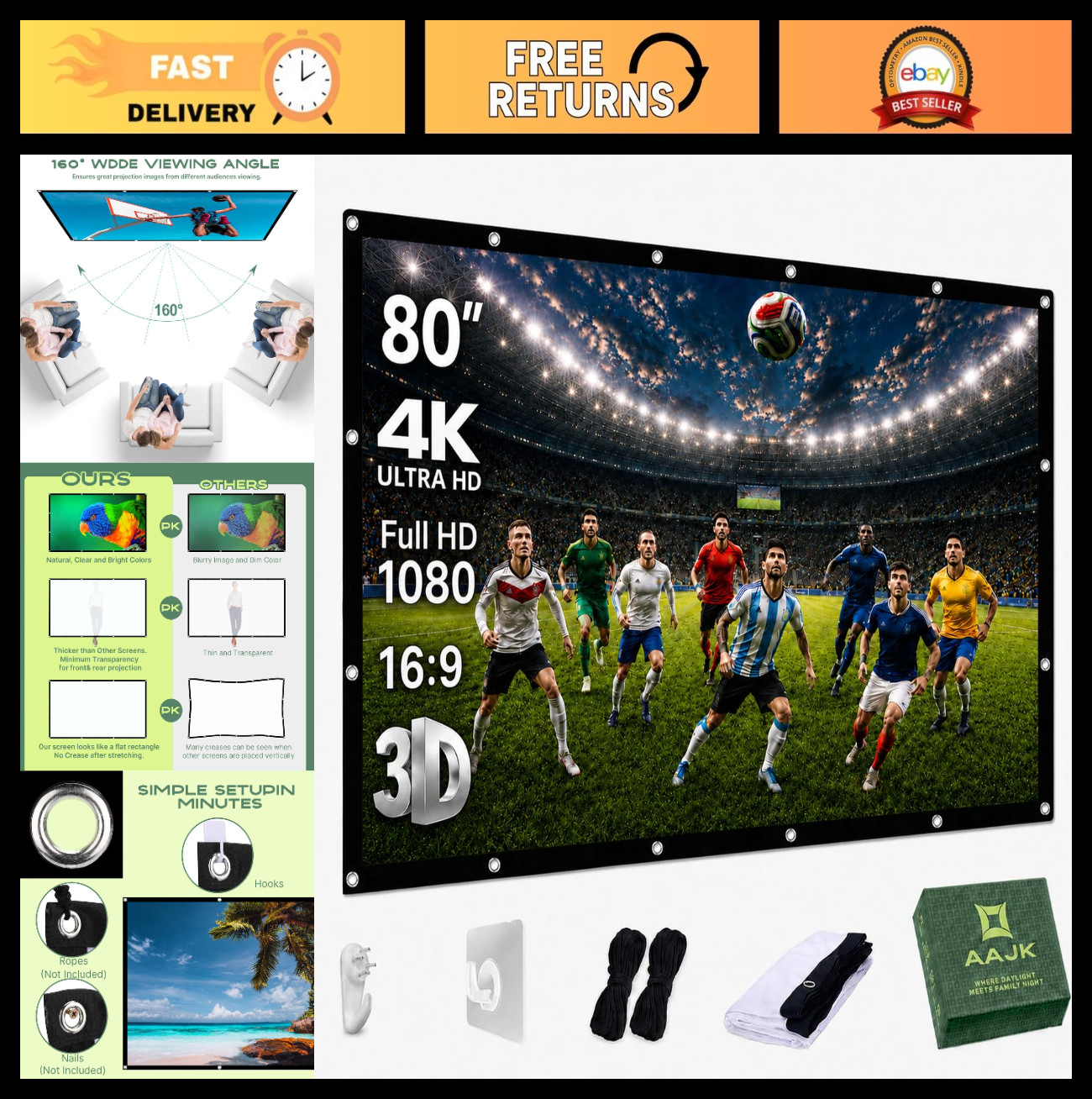 80" Foldable Projector Screen - Washable 16:9 Anti-Crease for Home & Outdoor Use