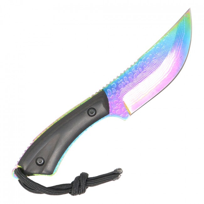 Hunting Knife | 4" Rainbow Etched Blade Full Tang Black Wood Handle + Sheath