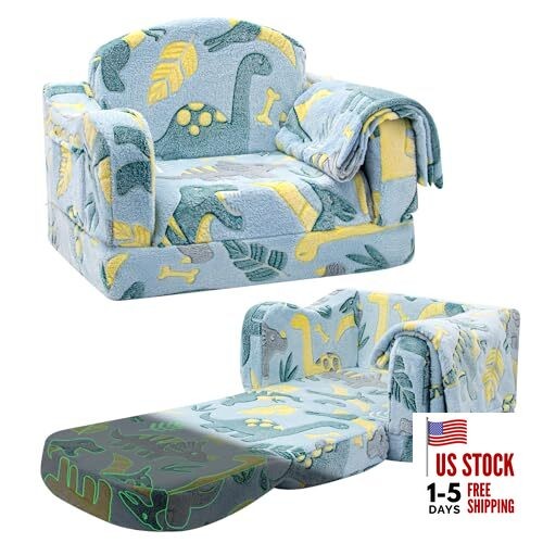 Comfy Toddler Chair and Couch for Kids with Blanket,2-in-1 Soft Plush Green
