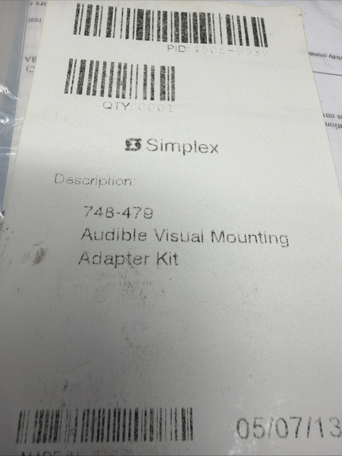 Simplex 748-479 Audible Visual Mounting Adapter Kit