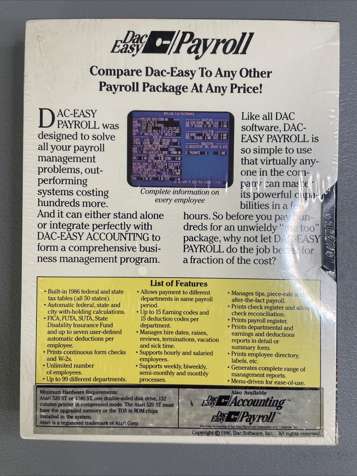 Atari ST Dac Easy Payroll Software Vintage New Sealed PC Big Box RARE