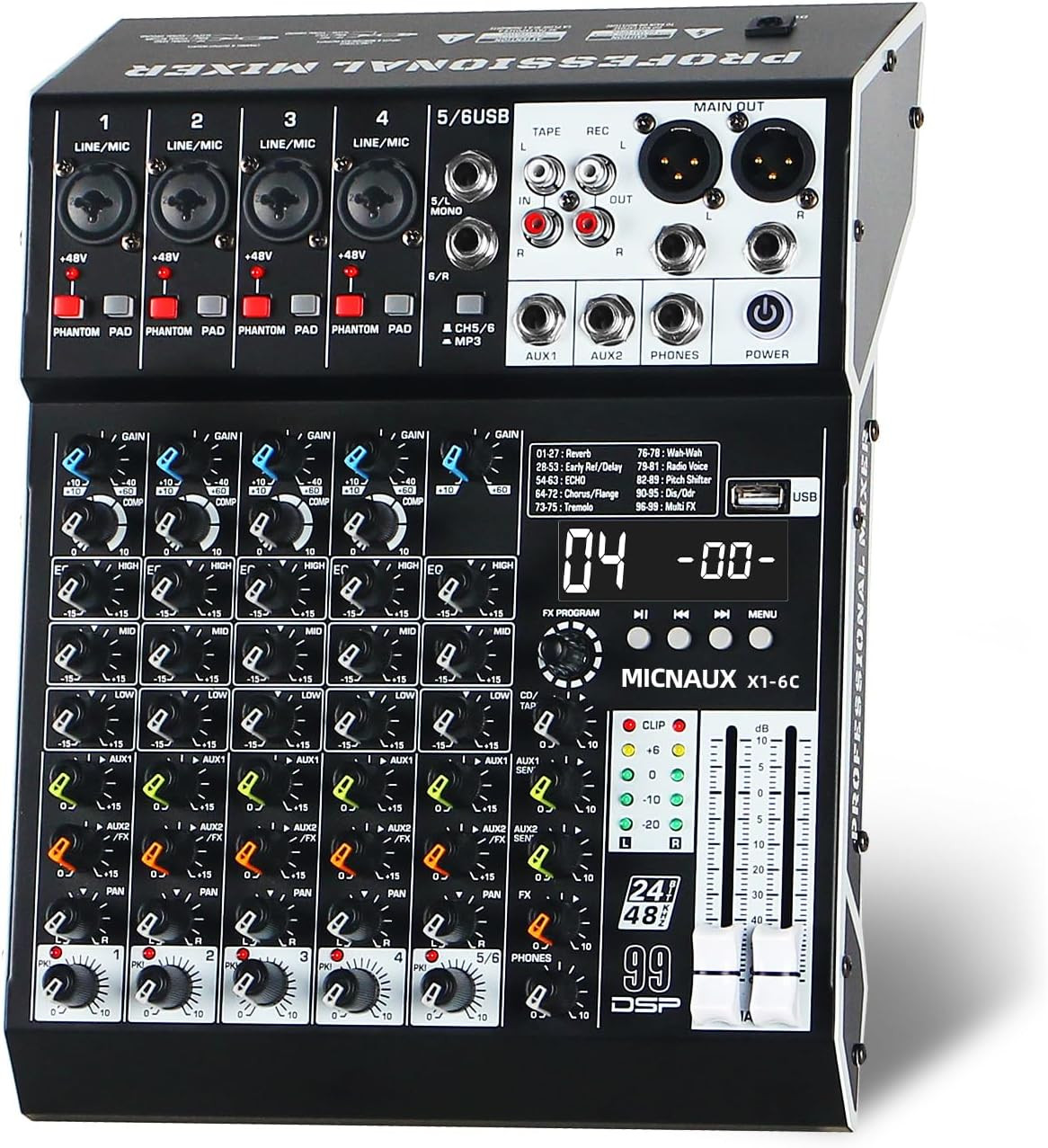 Audio Mixer 6 Channel Professional Sound Mixer Console with 99 DSP Effects