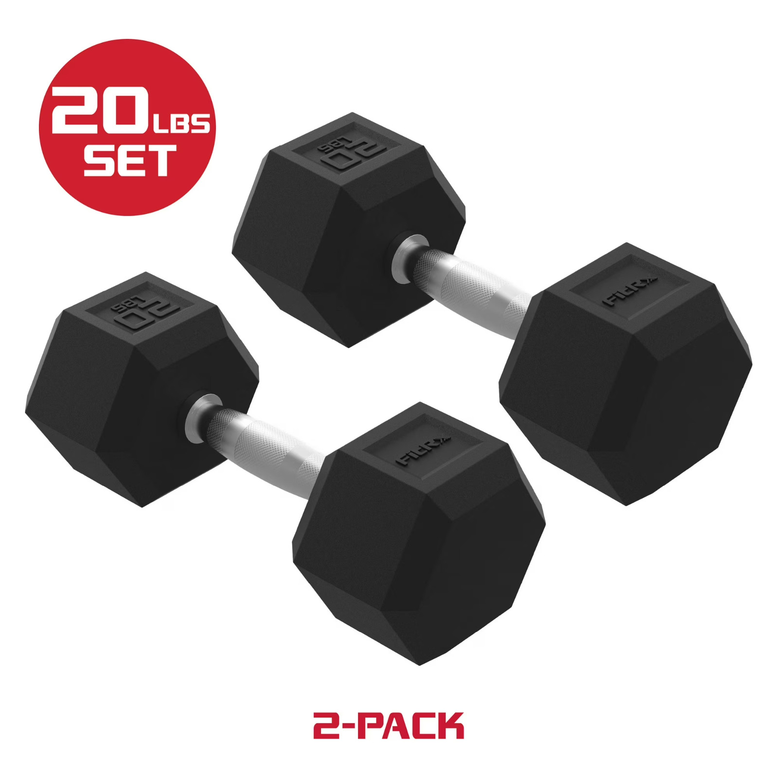 FitRx 20lbs Pair Rubber Hex Dumbbell Set – Solid Steel Handles, Durable Rubber