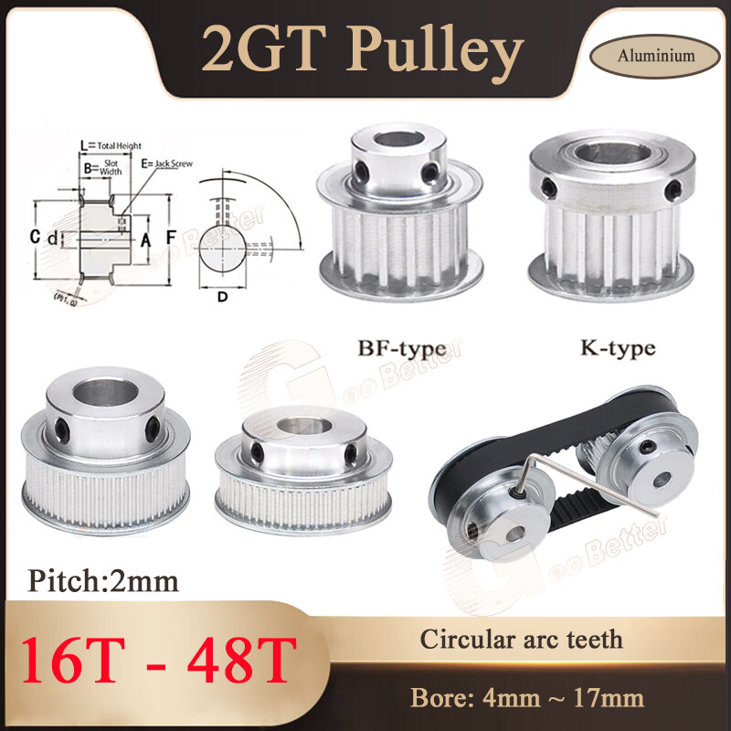 2GT 16T-48T Pulley Timing Belt Wheel BF/K Types Bore 4~17mm For 6/10mm Belt