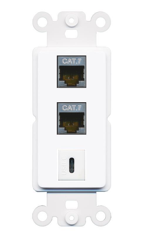 [3 Ports] 2 CAT7 USBC Rocker Wall Plate White
