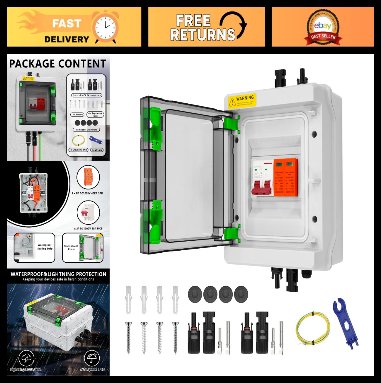 Solar Combiner Box 1000V IP65 Waterproof 1-In-1-Out 50A Circuit Breaker & Surge