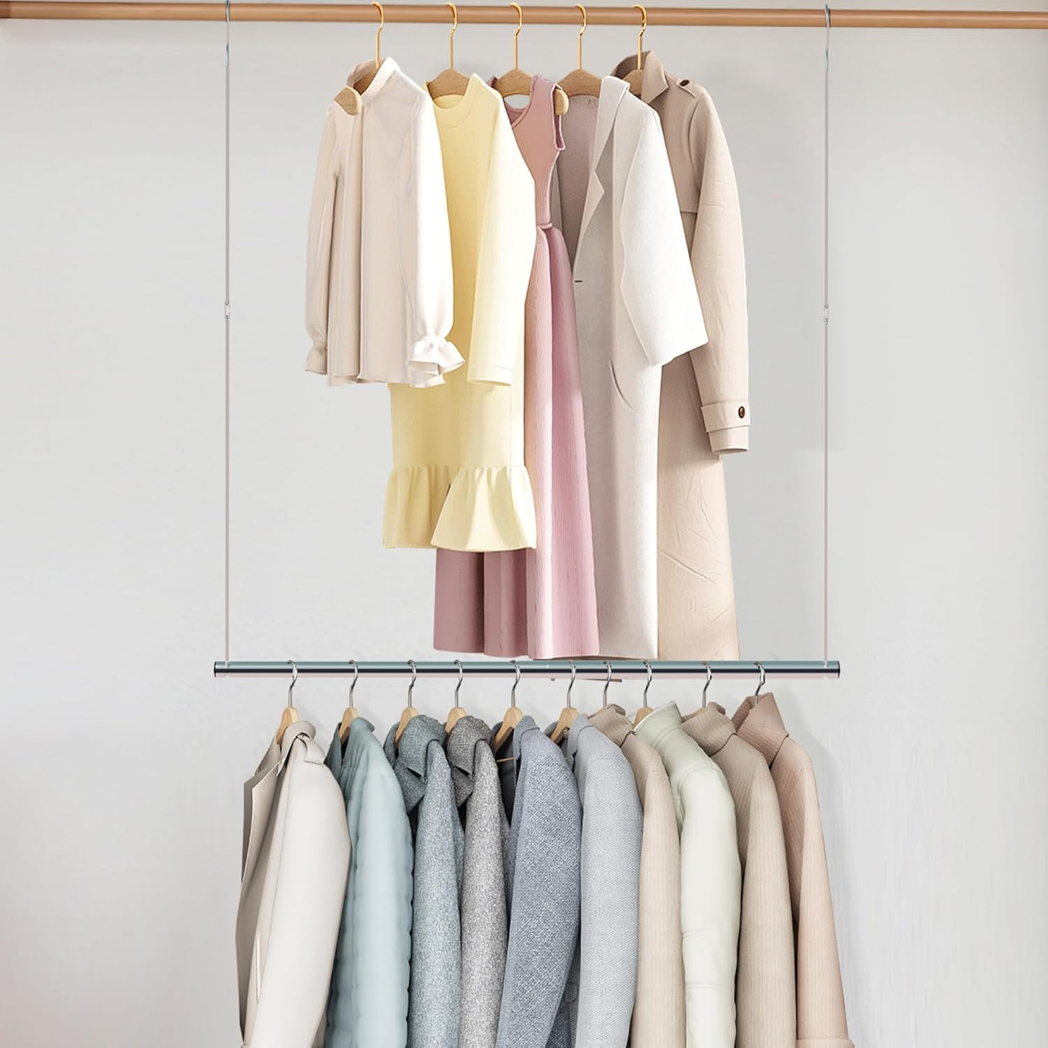 1 Pack Closet Hanging Rod, Length and Height Adjustable Closet Rod, Space Saving