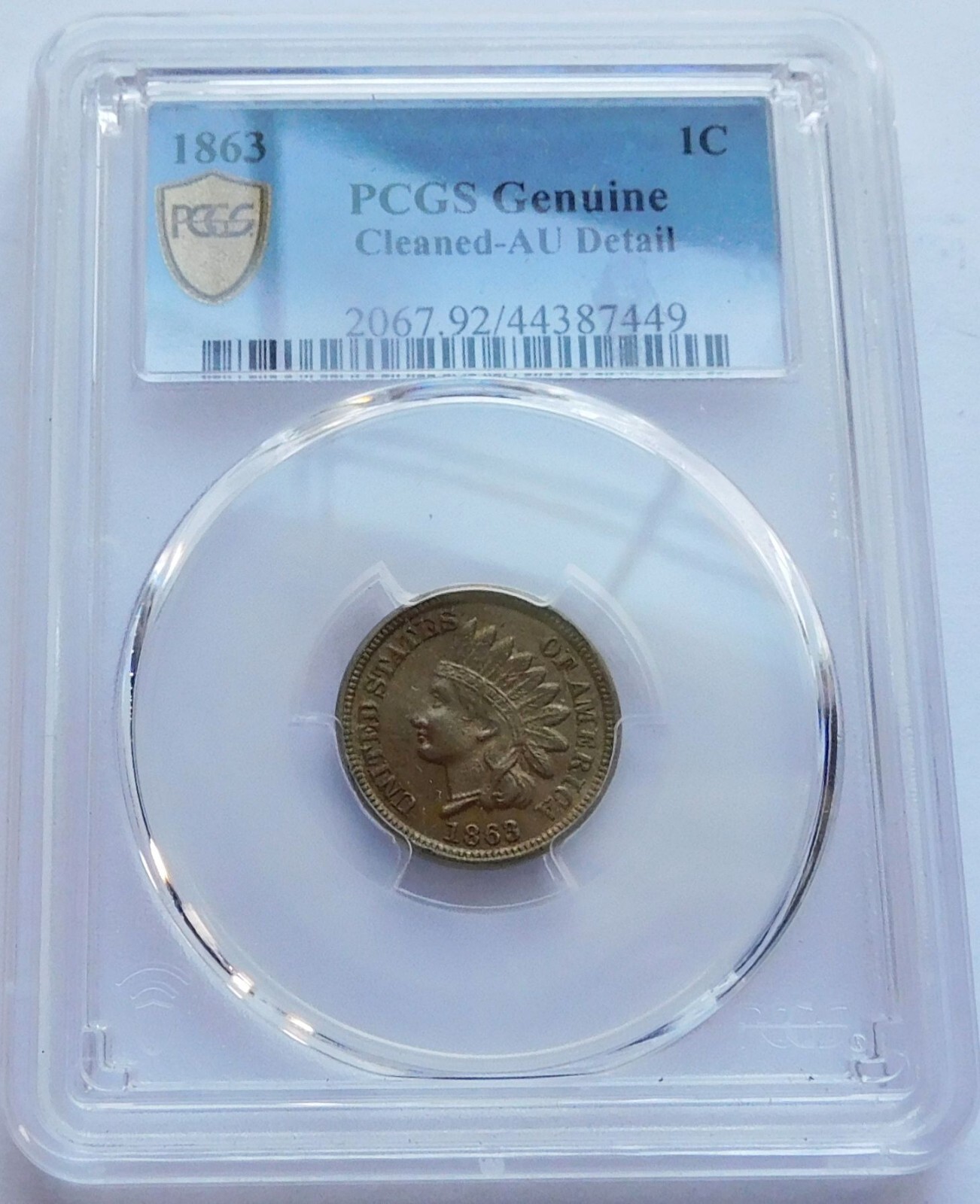 1863 Indian Head Cent PCGS Genuine Cleaned-AU Detail, 1C Penny