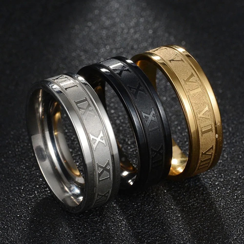 Stainless Steel Roman Numeral Ring Band Cool Punk Men Women Fashion Jewelry