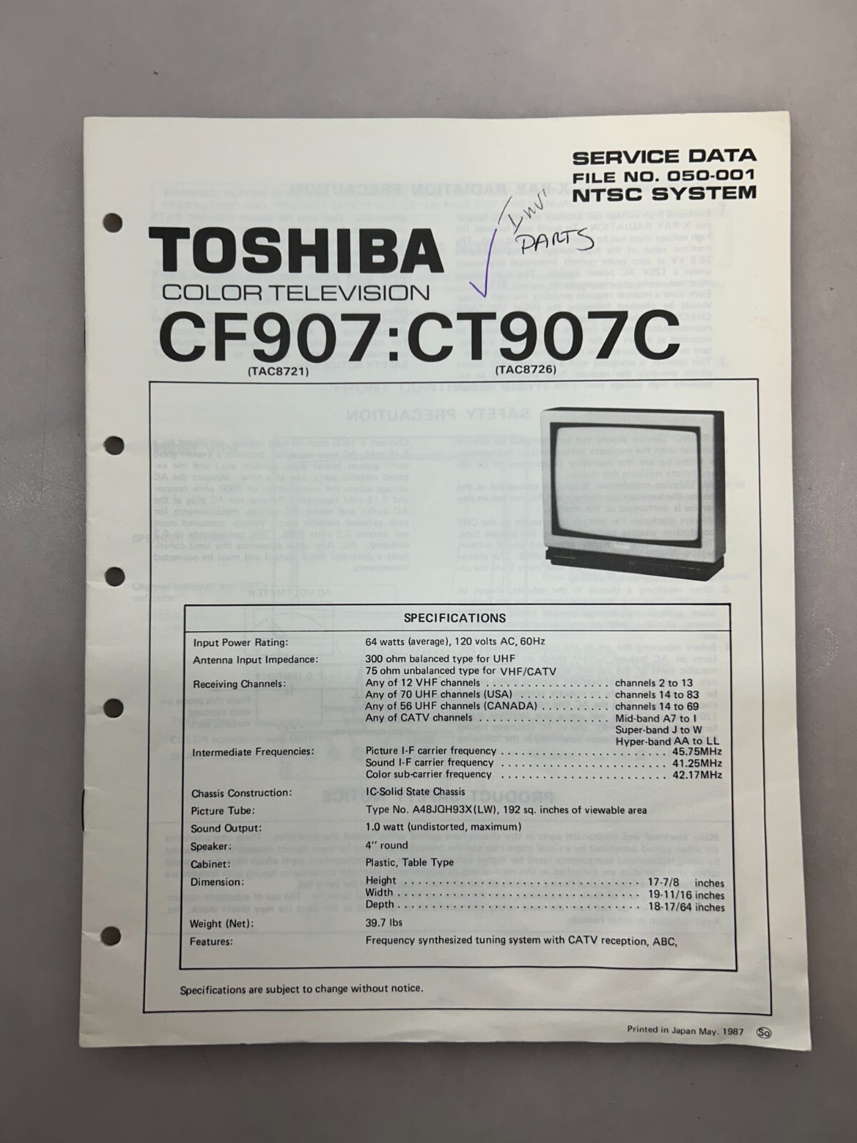 Toshiba CF907 CT907C Original Service Manual Free Shipping