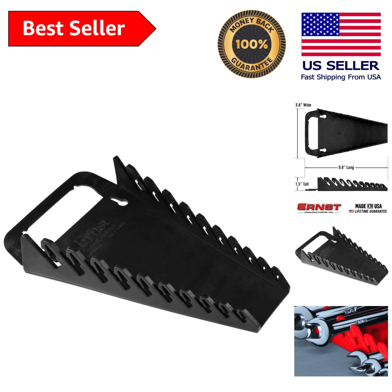 Black 10-Tool Wrench Organizer - Versatile and Durable Storage Solution