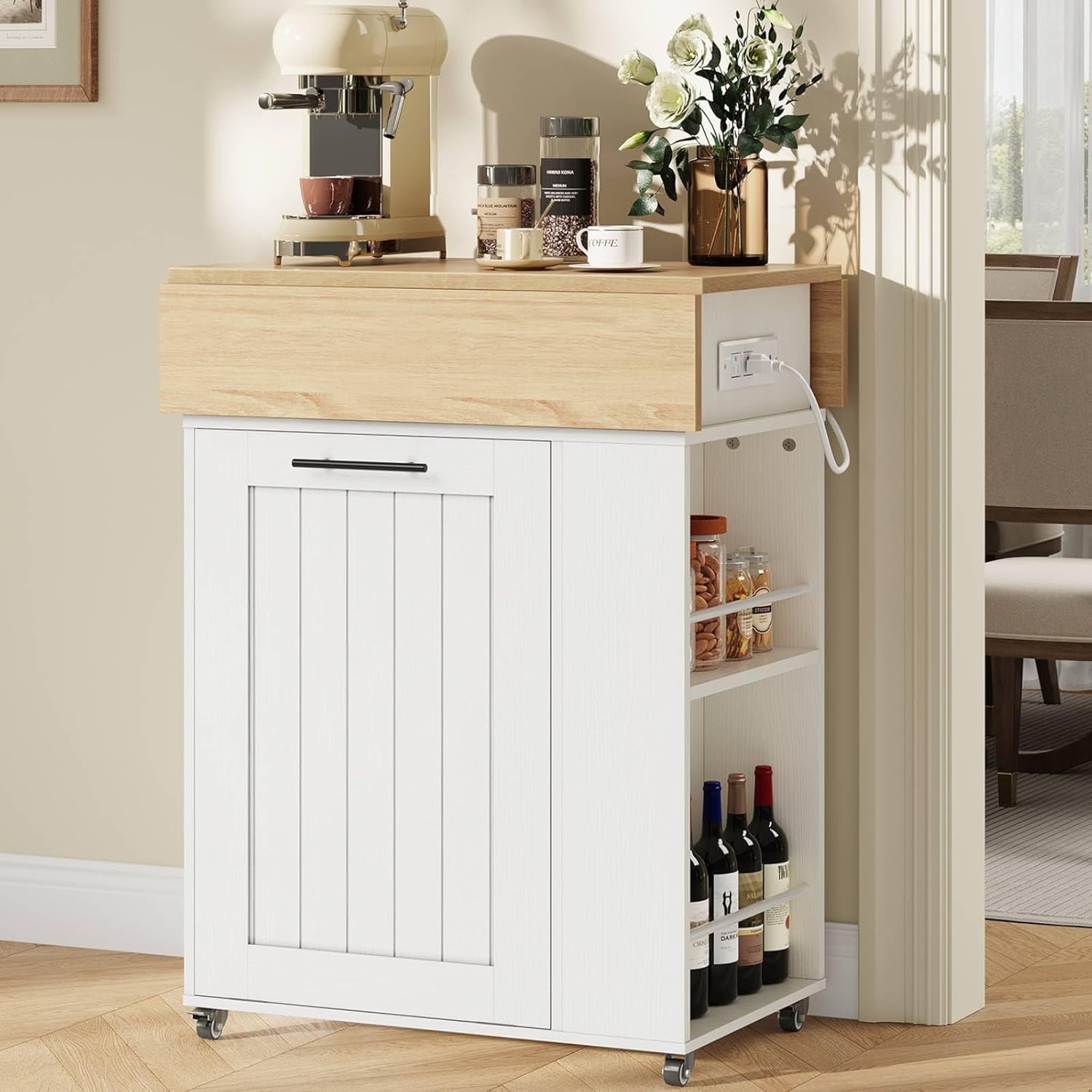 Kitchen Island with Trash Can Storage, Rolling Kitchen Island with Drop Leaf ...