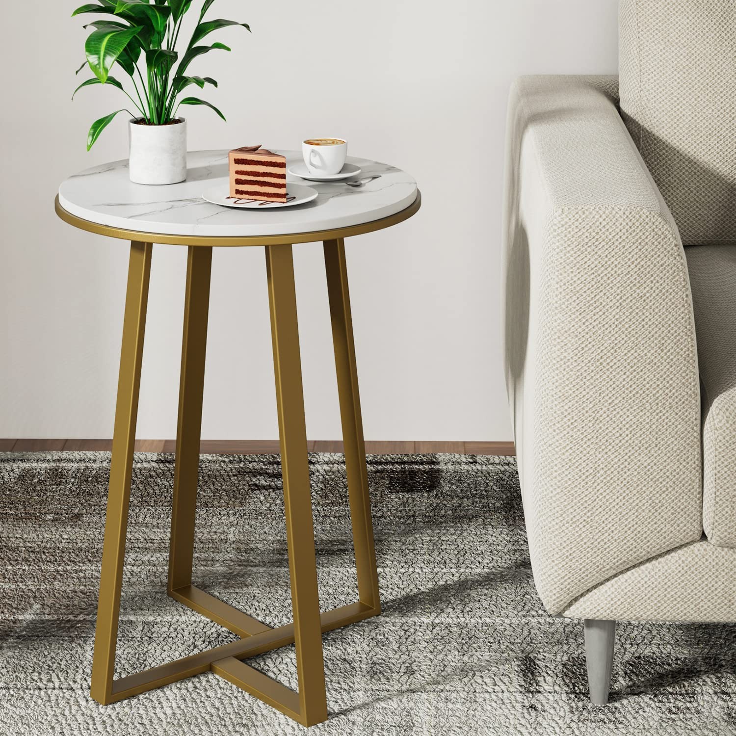 Round End Tables, Small Side Table White Marble Texture MDF ,Metal Frame Gold Co