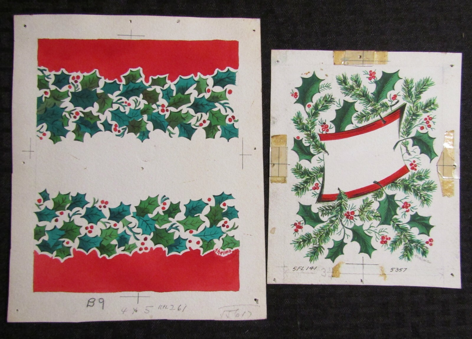 CHRISTMAS Holly Leaves Berries & Boughs 8x9.5" Greeting Card Art LOT of 2