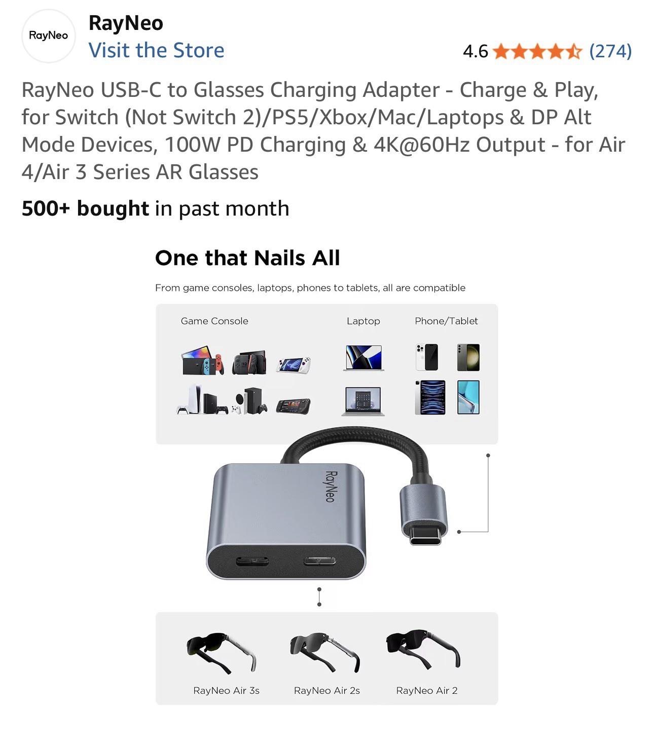 RayNeo USB-C to Glasses Charging Adapter - Charge & Play, for Switch