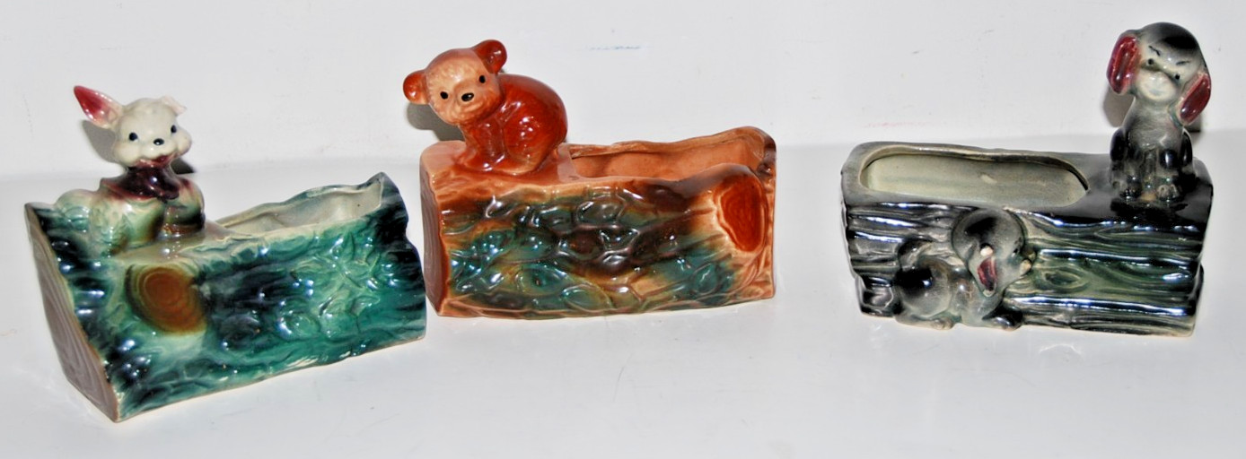 3 Vintage Decorative Animals on Logs Planters Bear, Rabbit, Puppies  Ceramic