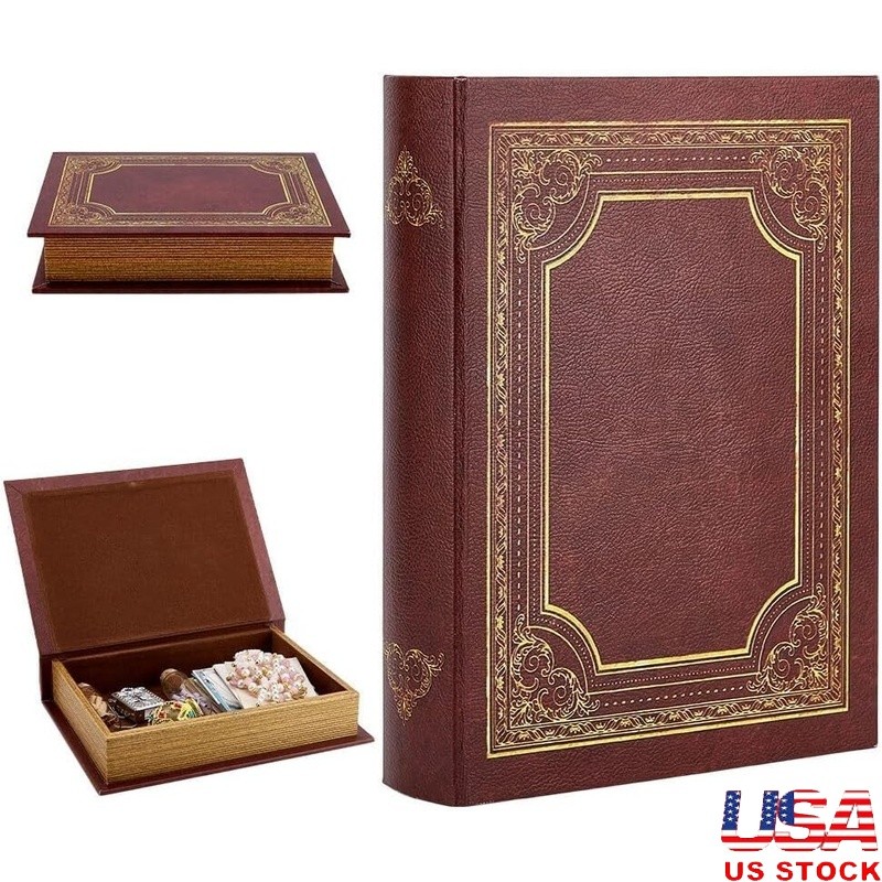 Vintage Faux Leather Book Box Secret Storage Jewelry Keys Cash Home Decor New