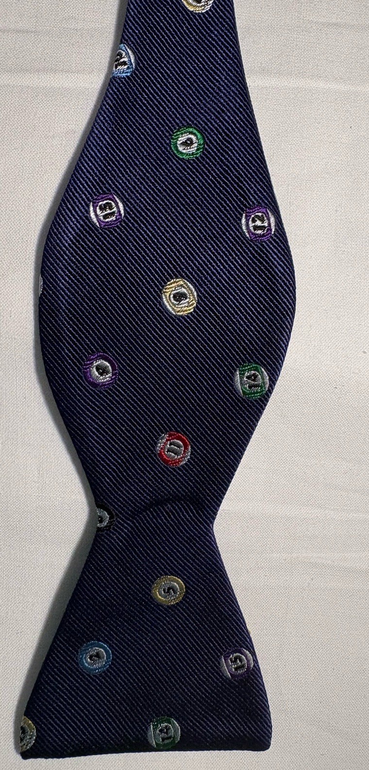 Rooster Bowtie Navy Blue Repp Pool Ball Pattern 100% Silk Self Tie, NWT