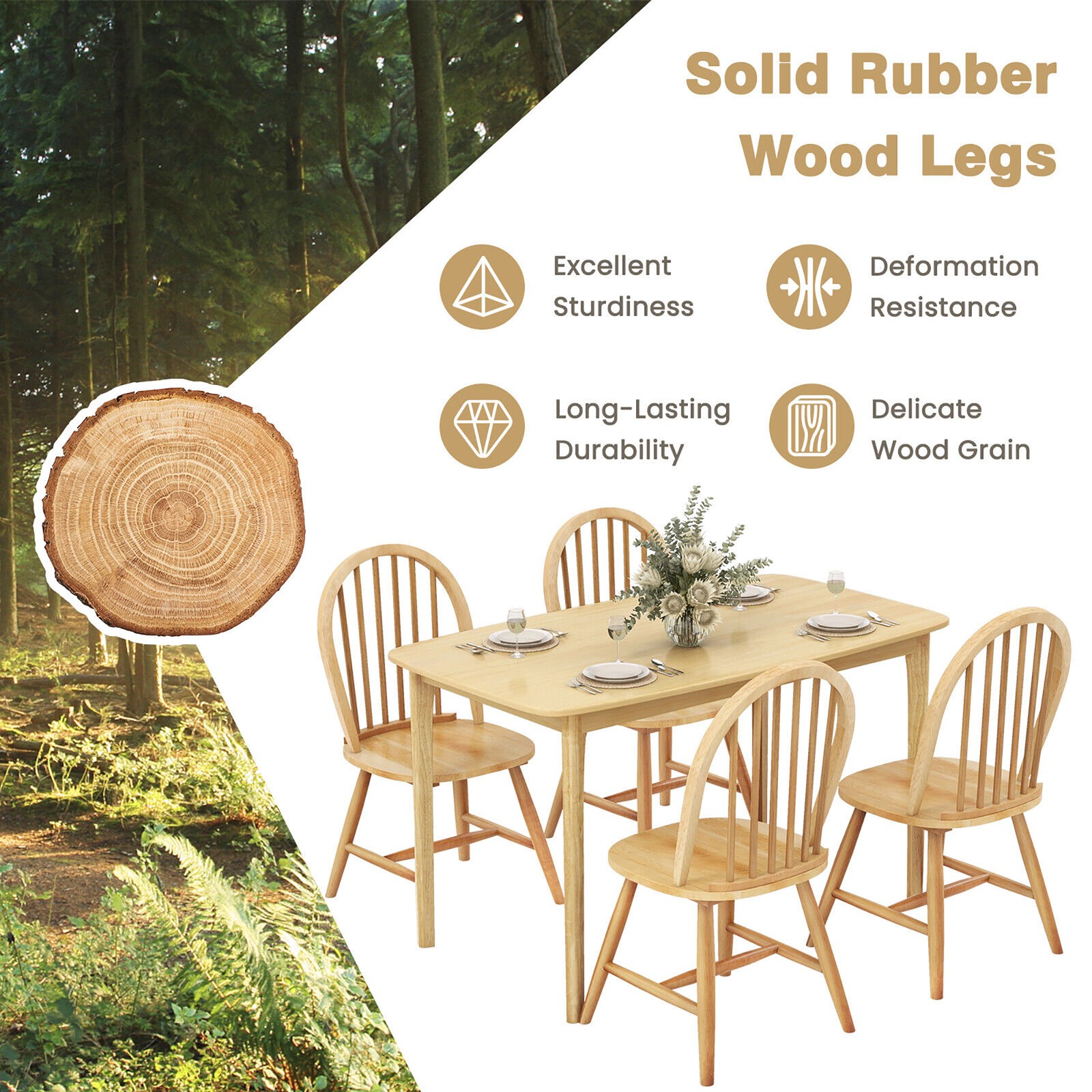 5 PCS Wooden Dining Table Set 48" Rectangular Kitchen Table & 4 Windsor Chairs