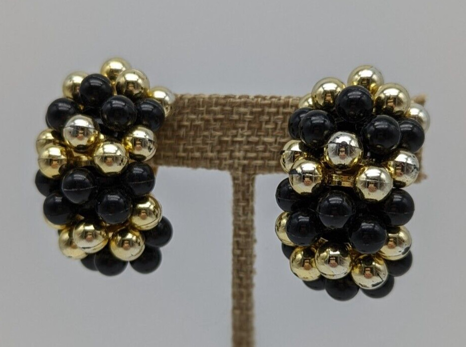Vintage Gold Tone Semi Hoop Black Gold Plastic Bubble Bead Clip On Earrings
