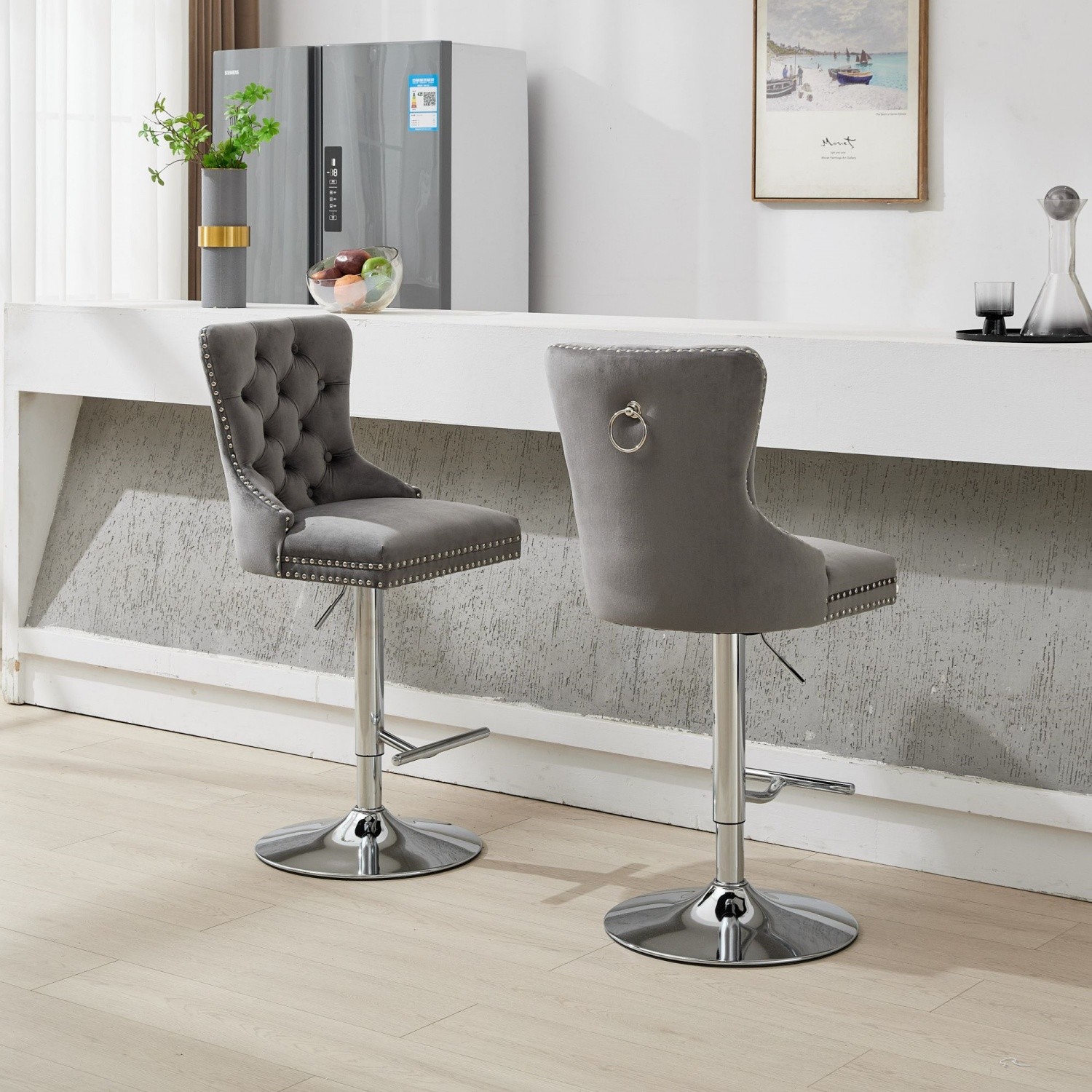 Set of 2 Swivel Bar Stools Velvet Bar Chairs Adjustable Height Dining Chairs