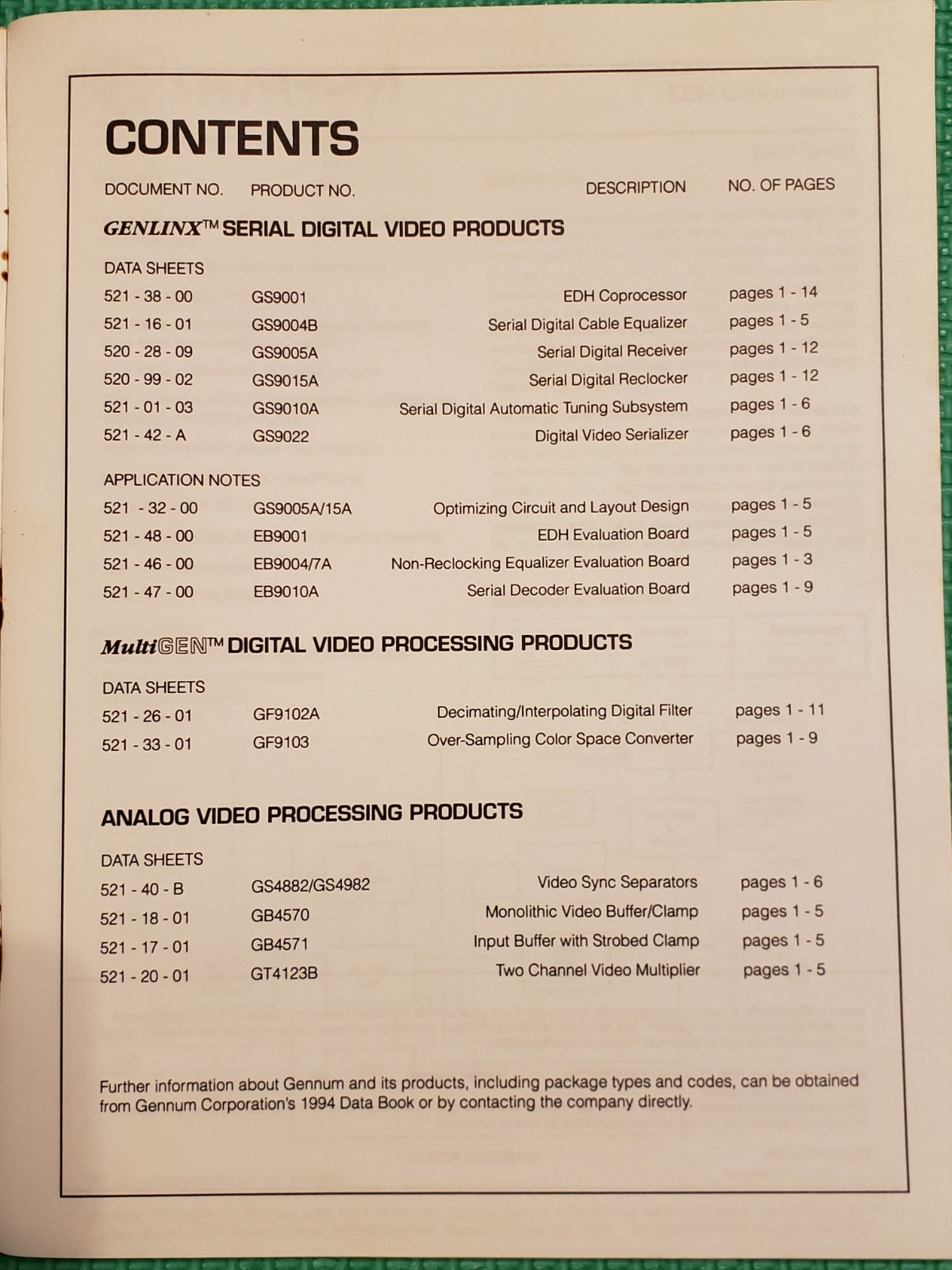 GENNUM CORPORATION Data Sheets & Application Notes, September 1995
