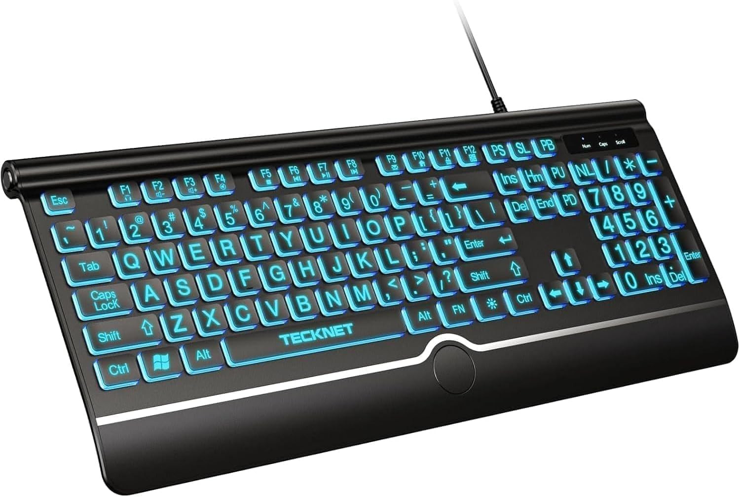 Large Print Backlit Keyboard, Wired USB-A Computer Keyboard with Wrist Rest, 7-C