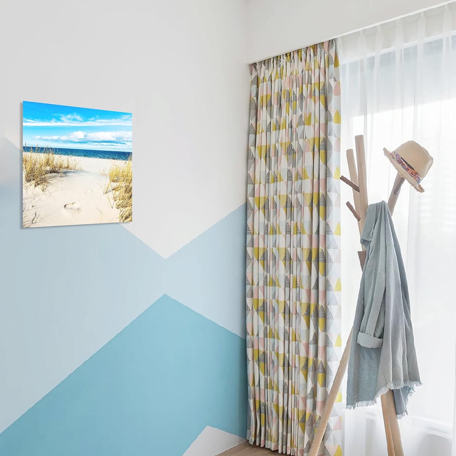 Beach Pictures Wall Art for Bathrooms 14L" x 14W", Blue and White