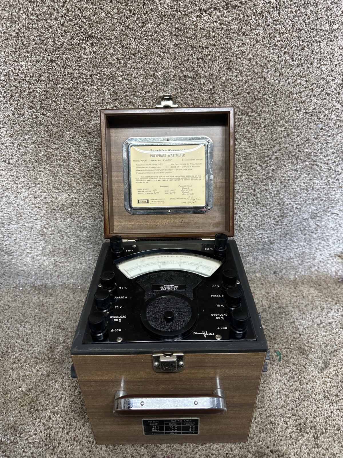 VINTAGE SENSITIVE RESEARCH SINGLE PHASE WATTMETER PDLW Nice !!