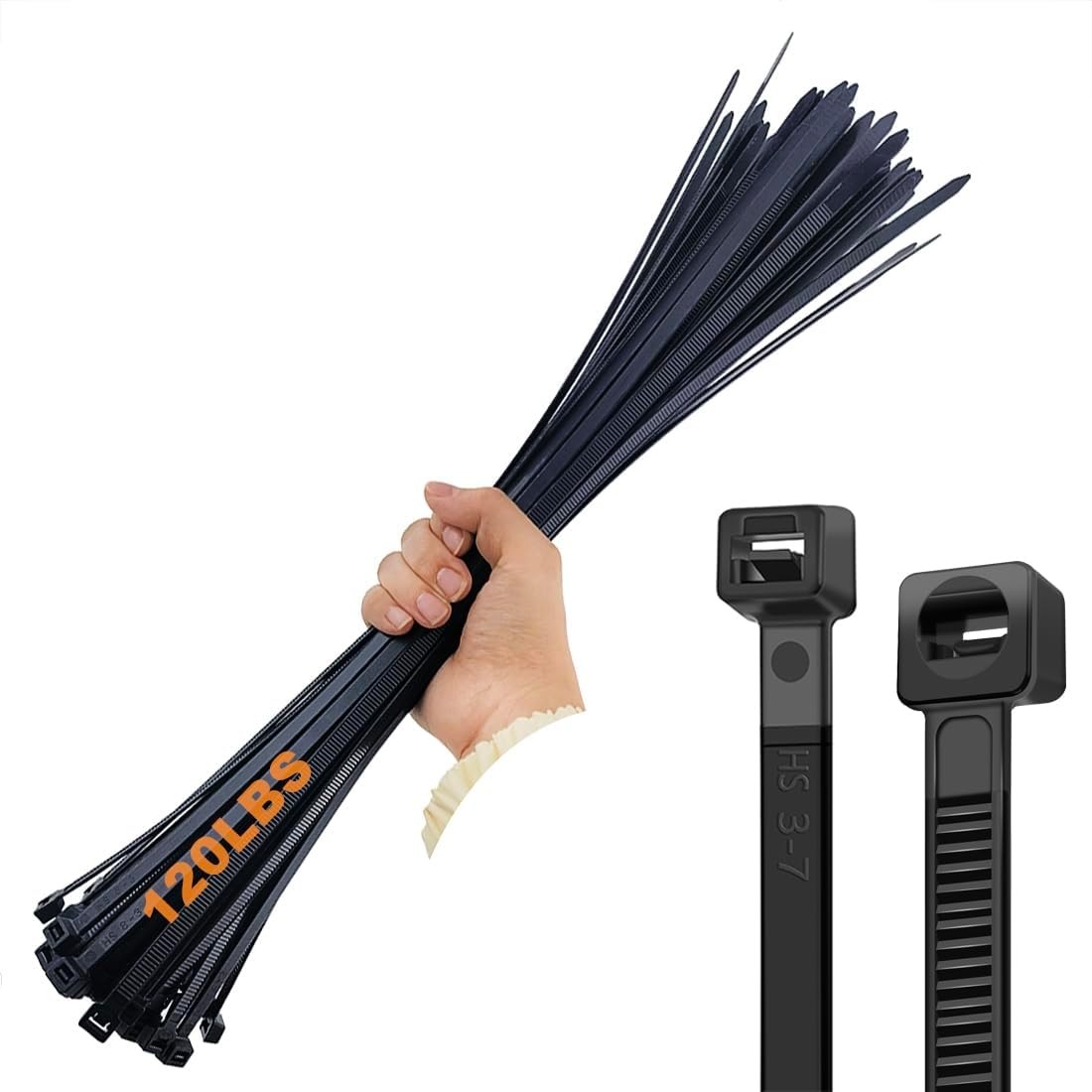 HS 18 Inch Zip Ties Black Heavy Duty 120 Pounds Wide Straps (50 Pack) Nylon PA66