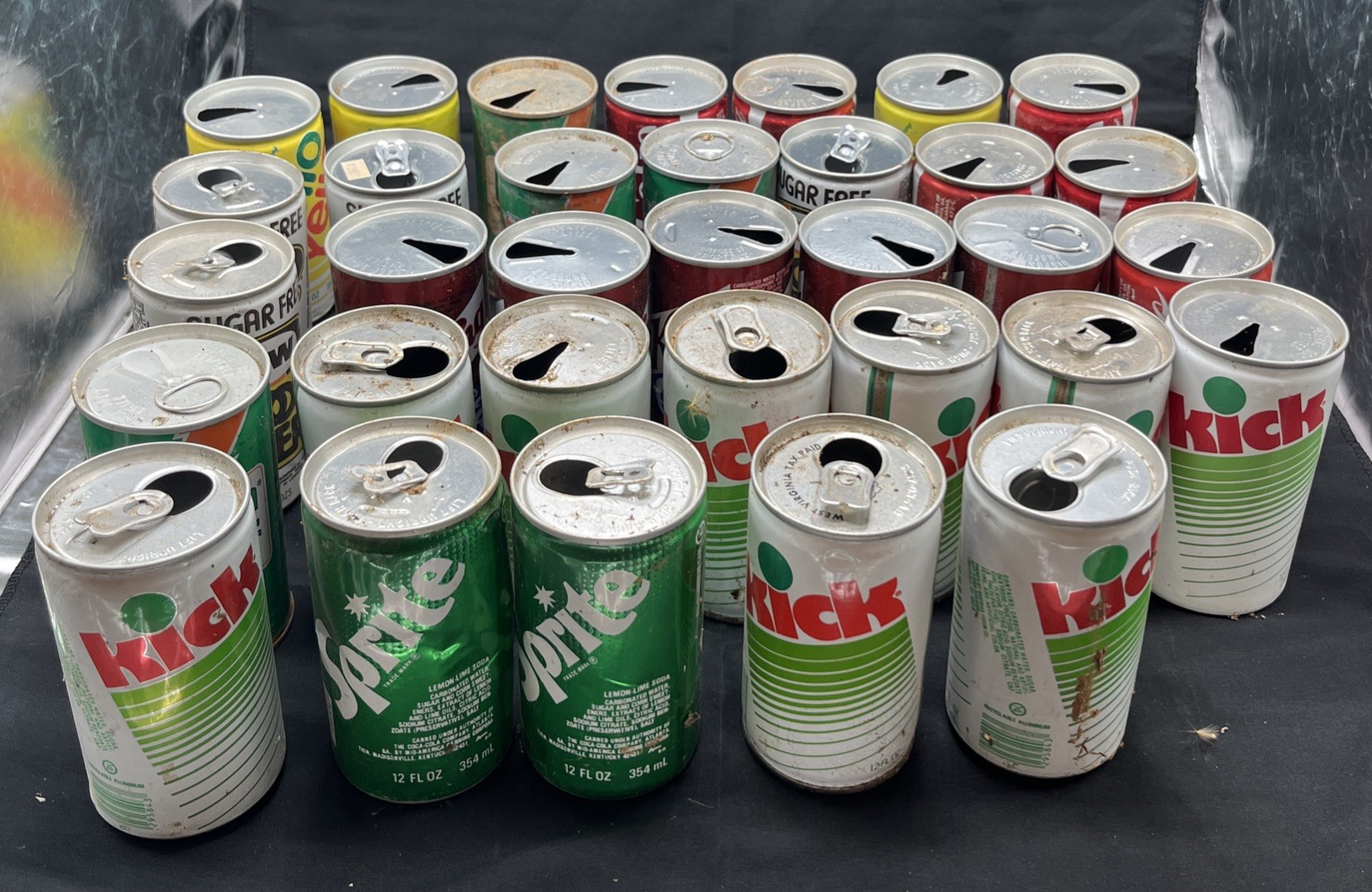 Lot Of (33) Vintage Soda Cans Gatorade, Kick, A&W, King Cola, Coca Cola, Mellow