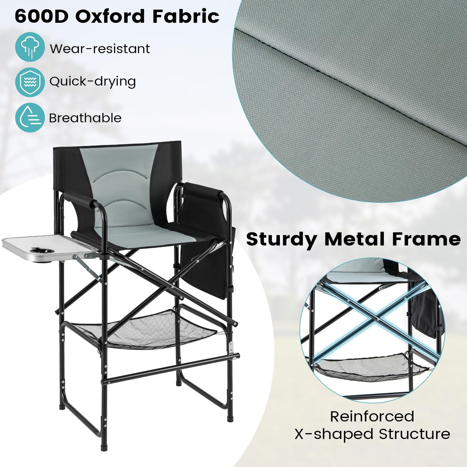 Folding Directors Chair 46in Makeup Chair 31in Seat Height with Side Table