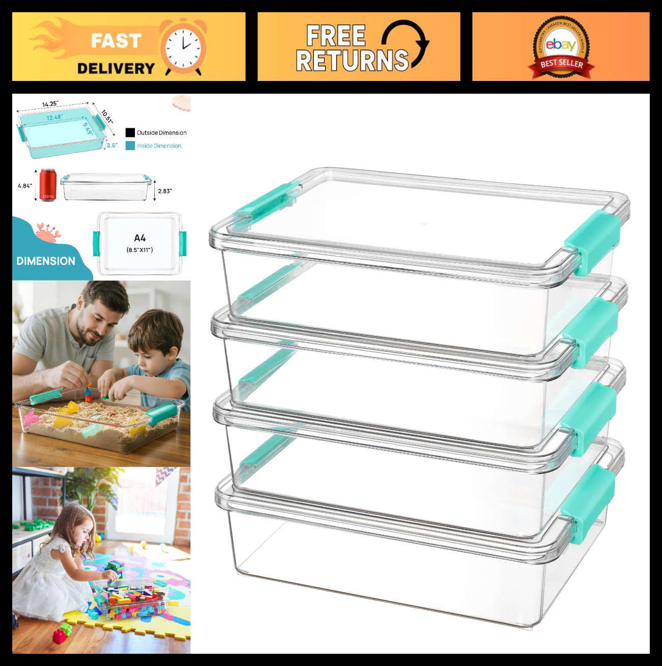 4 Pack 6 Qt Clear Plastic Storage Bins with Lids | Stackable Organizers for Home