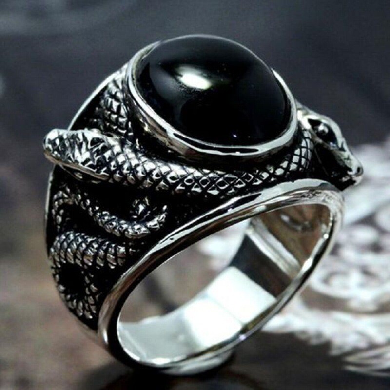 Men's Retro Wedding Ring Stainless Steel Vintage Snake Black Stone Ring Biker